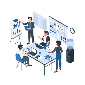 Illustration of oftware development team discussing a project strategy in a workspace with laptops, a project dashboard, coffee, and planning notes