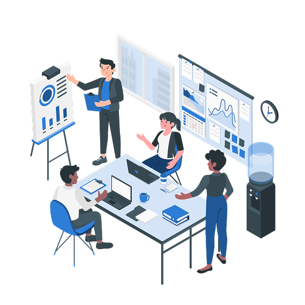 Illustration of oftware development team discussing a project strategy in a workspace with laptops, a project dashboard, coffee, and planning notes